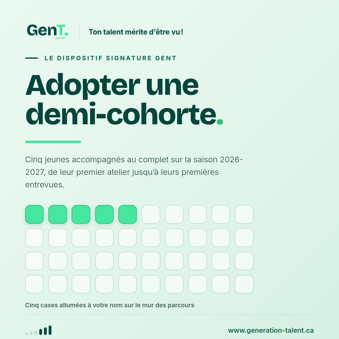 Visuel Adopter une demi-cohorte : cinq cases allumées sur le mur des parcours GenT.